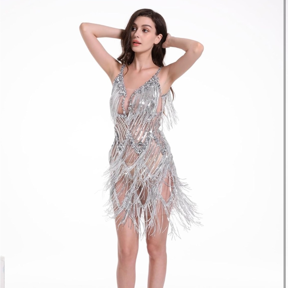 Sparkly Silver Sleeveless Fringe Rhinestone Dress (Dance Knee-Length Drag Queen)